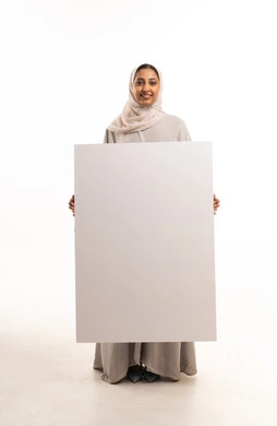 Emirati Woman Holding Blank Placard on White Background
