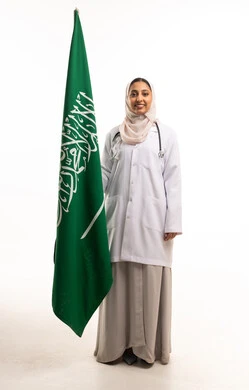 Saudi Female Physician with National Flag in Studio