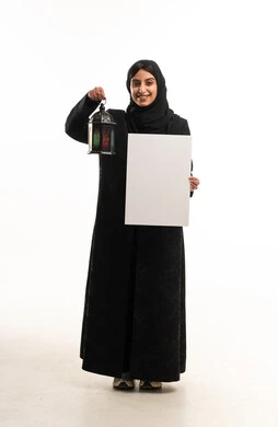 Saudi Woman with Ramadan Lantern and Blank Sign