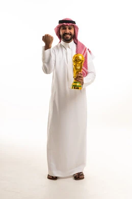 Saudi Man Holding Gold World Cup Trophy Celebration