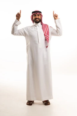 Saudi Man in Traditional Thobe Pointing Upwards