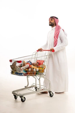 Saudi Man Pushing Grocery Shopping Cart White Background