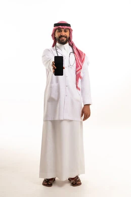 Saudi Male Doctor Holding Smartphone on White Background