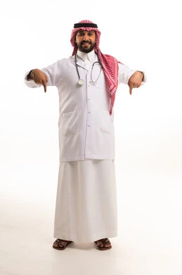 Saudi Male Physician in Lab Coat Pointing Downwards