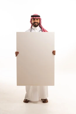 Saudi Male Doctor Holding Blank White Sign Board