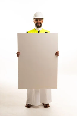 Saudi Engineer in Thobe Holding Blank White Board