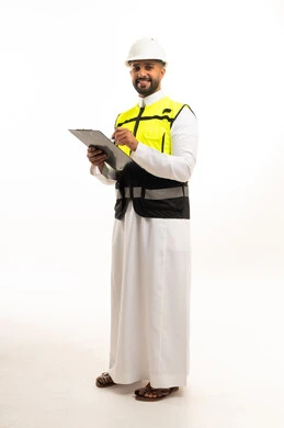 Saudi Engineer in Thobe and Safety Vest with Clipboard