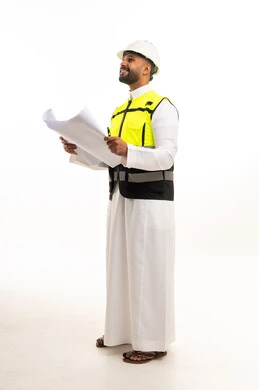Saudi Male Engineer in Safety Vest with Blueprints