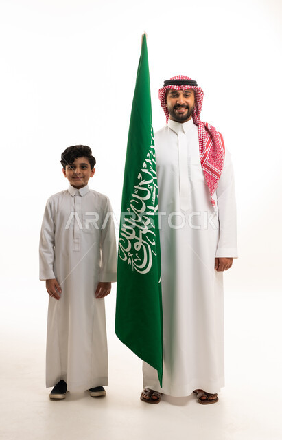 Saudi Man and Child with Flag on White Background