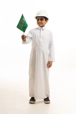 Saudi Boy in Safety Helmet Holding Saudi Arabian Flag