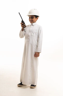 Saudi Boy in Construction Helmet with Walkie Talkie