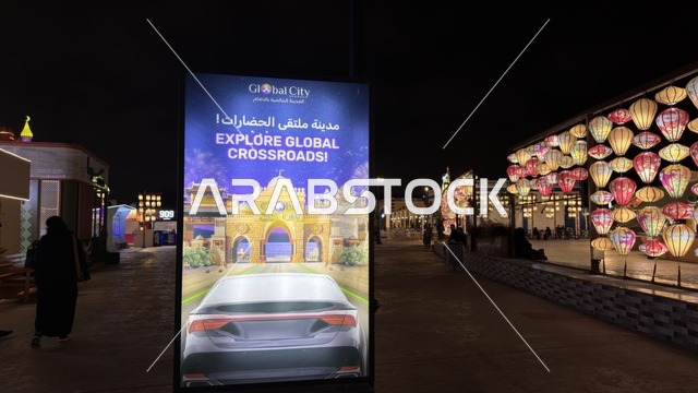 القرية العالمية دبي لوحة إعلانية وفوانيس ليلاً