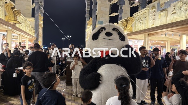 Panda Mascot and Crowd at Global Village Dubai Night