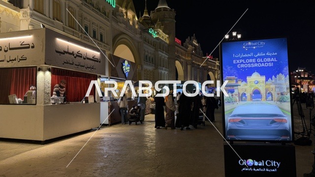 القرية العالمية في دبي ليلاً مع الأكشاك واللوحات