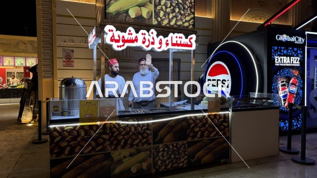 كشك طعام لبيع الكستناء والذرة المشوية في المدينة العالمية