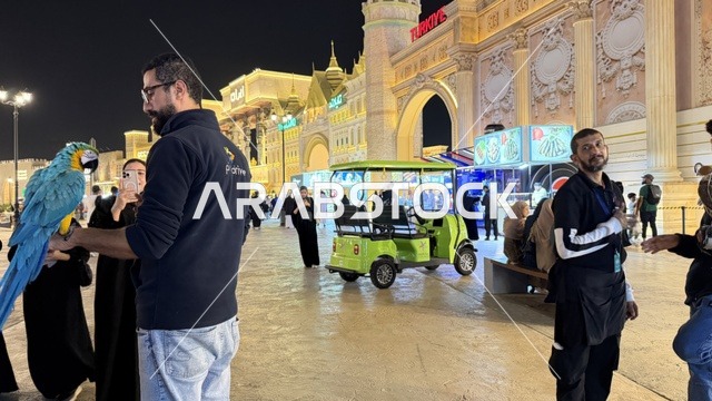 Man Holding Macaw Parrot at Global Village Dubai Night