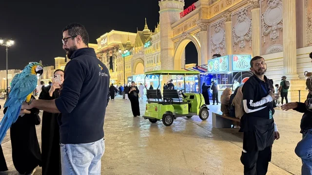 Man Holding Macaw Parrot at Global Village Dubai Night