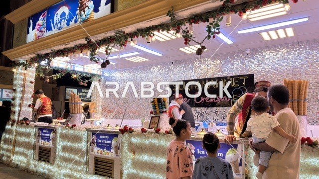 Turkish Ice Cream Stall at Night with Customers