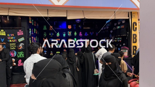 Neon Light Shop with Crowd in Traditional Attire