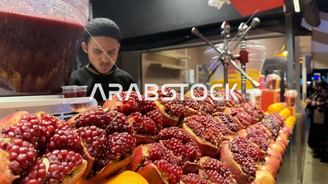 كشك عصير رمان طازج مع بائع متجول في السوق