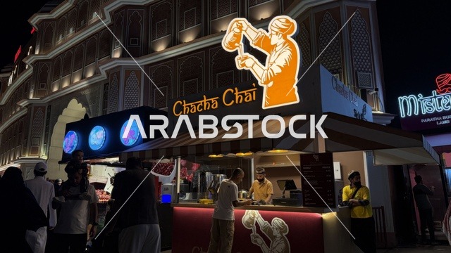 كشك شاي تشاتشا تشاي في السوق الليلي الخارجي