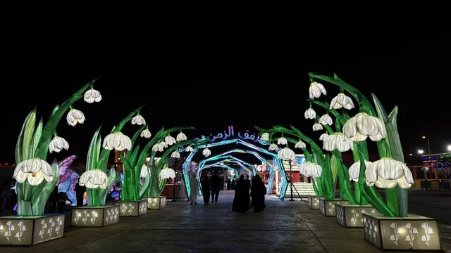مجسمات زهور عملاقة مضيئة في مهرجان ليلي