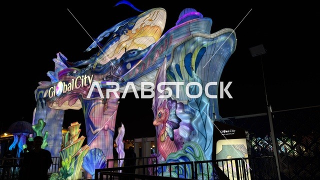 بوابة دخول جلوبال سيتي مع كائنات بحرية مضيئة