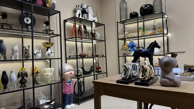 Modern Interior Decor and Art Sculptures on Shelves