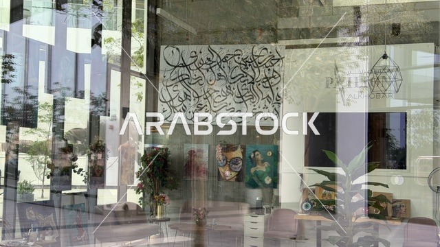 معرض فني حديث مع لوحات خط عربي وديكور مكتبي