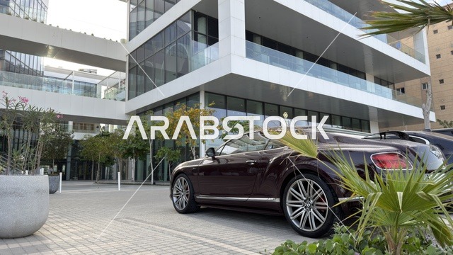 Luxury Purple Car Parked by Modern White Building