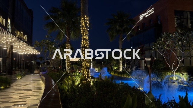 ساحة خارجية مع أشجار النخيل وإضاءة ليلية