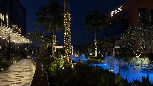 ساحة خارجية مع أشجار النخيل وإضاءة ليلية