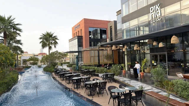 Modern Outdoor Restaurant Terrace with Water Fountain