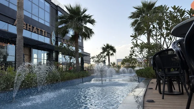 Modern Commercial Plaza with Water Fountain and Palm Trees