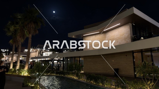 مبنى حديث وأشجار نخيل تحت ضوء القمر ليلاً