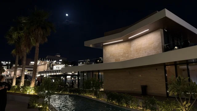 مبنى حديث وأشجار نخيل تحت ضوء القمر ليلاً