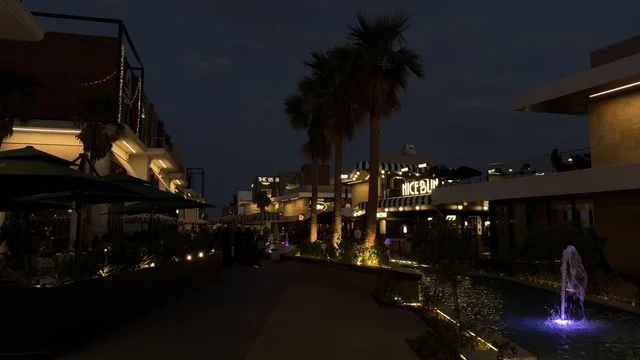 مجمع تجاري حديث ليلاً مع نافورة ونخيل مضيئة