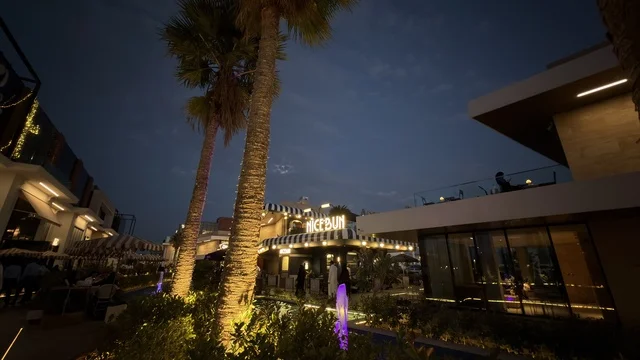 مجمع تجاري حديث مع أشجار النخيل ليلاً