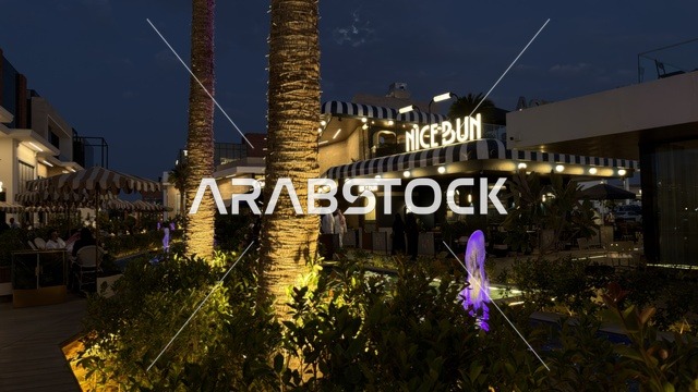 منظر مطعم خارجي حديث ليلاً مع أشجار النخيل والنافورة