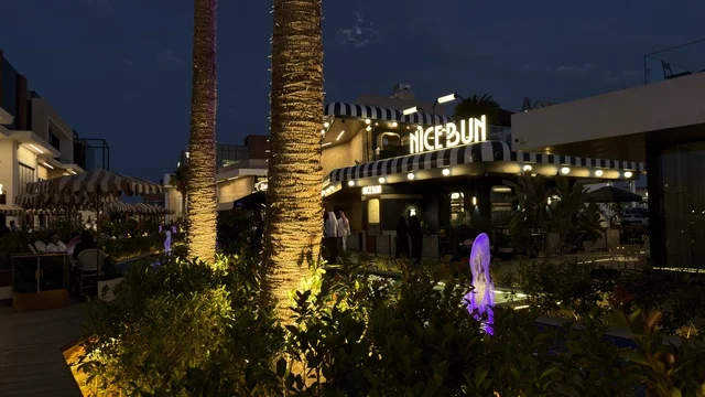 منظر مطعم خارجي حديث ليلاً مع أشجار النخيل والنافورة