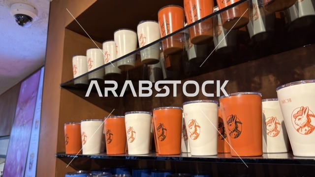 أكواب حرارية بعلامة تجارية على أرفف متجر تجزئة