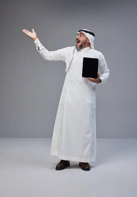 Saudi Man Holding Tablet Blank Screen Gesturing Up