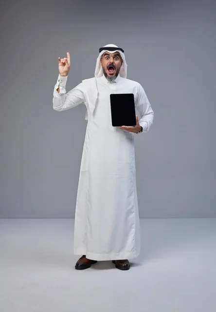 Saudi Man Holding Tablet Blank Screen Excited