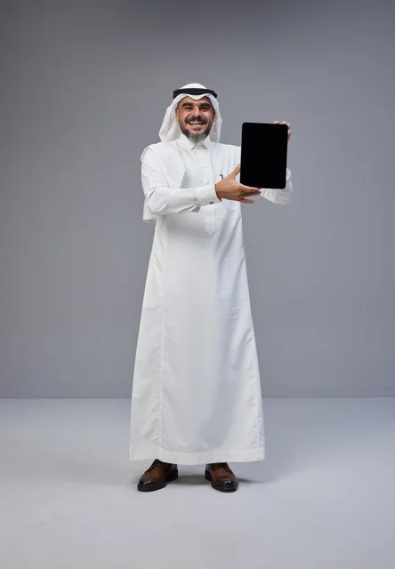 Saudi Man Holding Blank Digital Tablet in Studio