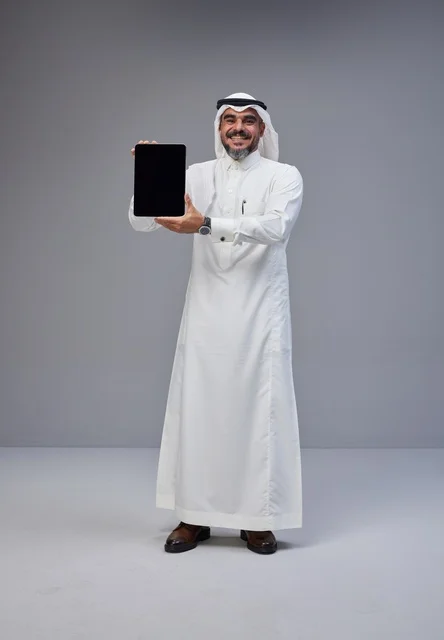 Saudi Man Holding Tablet Blank Screen Studio Shot