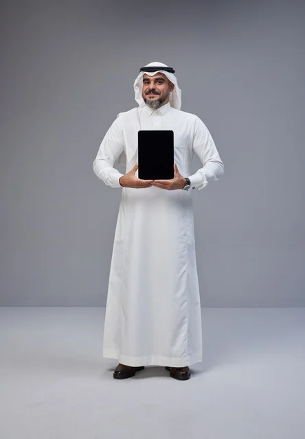 Saudi Man Holding Blank Tablet Screen in Studio