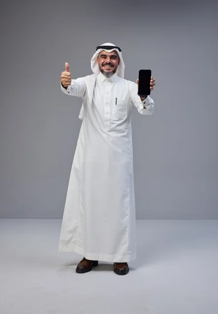 رجل سعودي بالزي التقليدي مع هاتف ذكي وإيماءة الإبهام