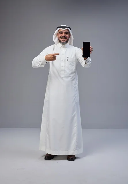 Saudi Man in Traditional Thobe Pointing at Smartphone