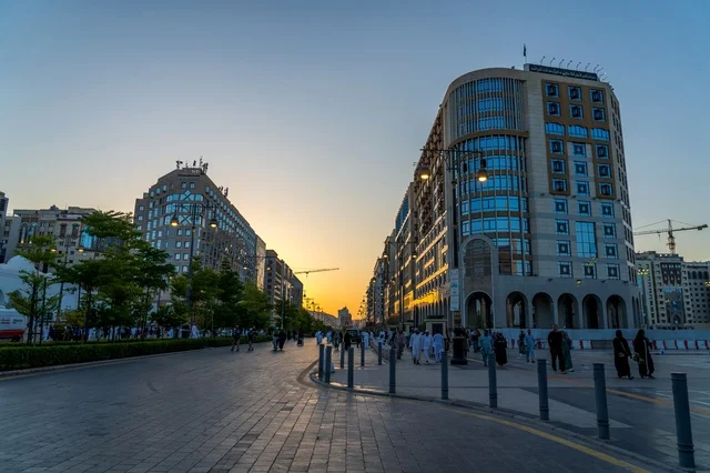 Madinah City Hotels and Pedestrian Plaza at Sunset