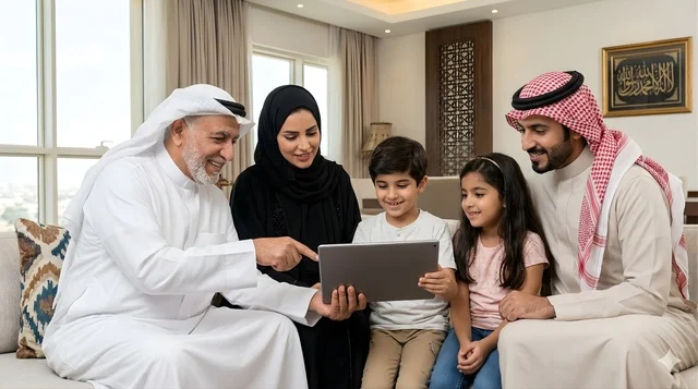 Saudi Family with Tablet in Modern Living Room